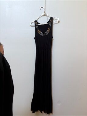 NY Collection Black Maxi Dress with Metallic Embellished Neckline